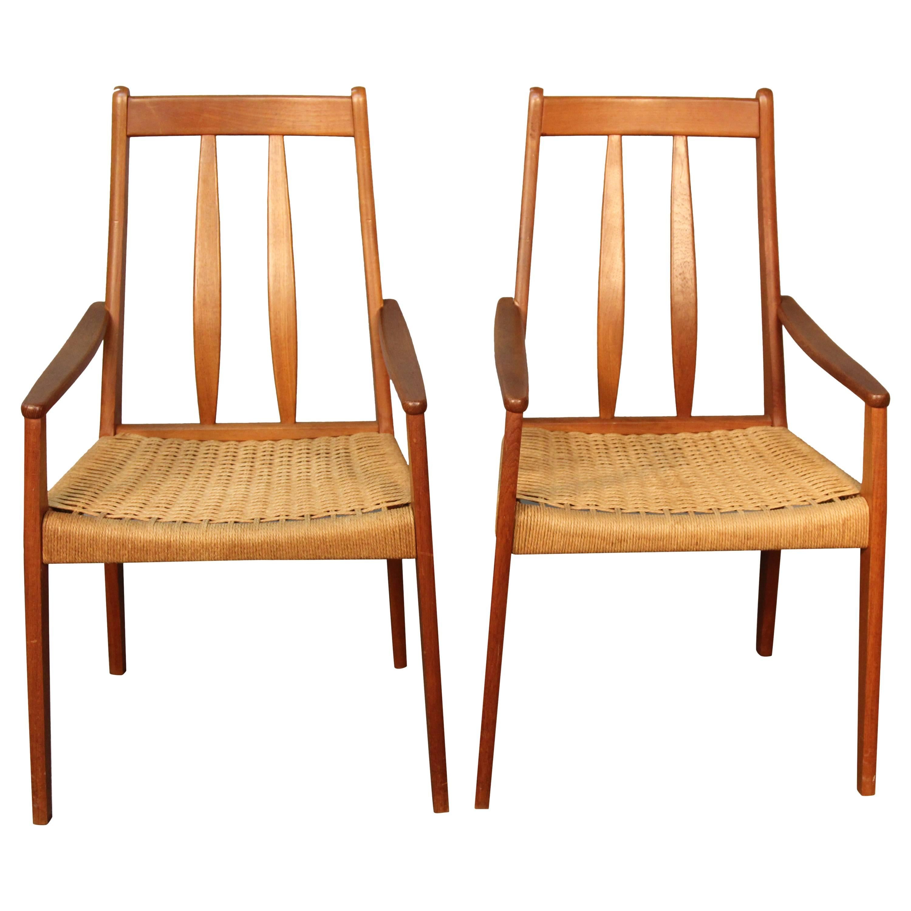 Pair of Danish Teak High Back Armchairs with Danish Cord Seats For Sale