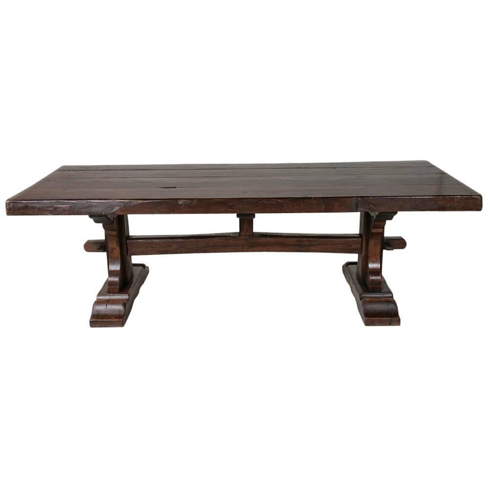 Hand Pegged French Oak Trestle Farm Table in Monastery Style 18th Century Wood