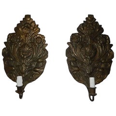 French Dark Copper "Palm" Floral Embossed Sconces, circa 1800