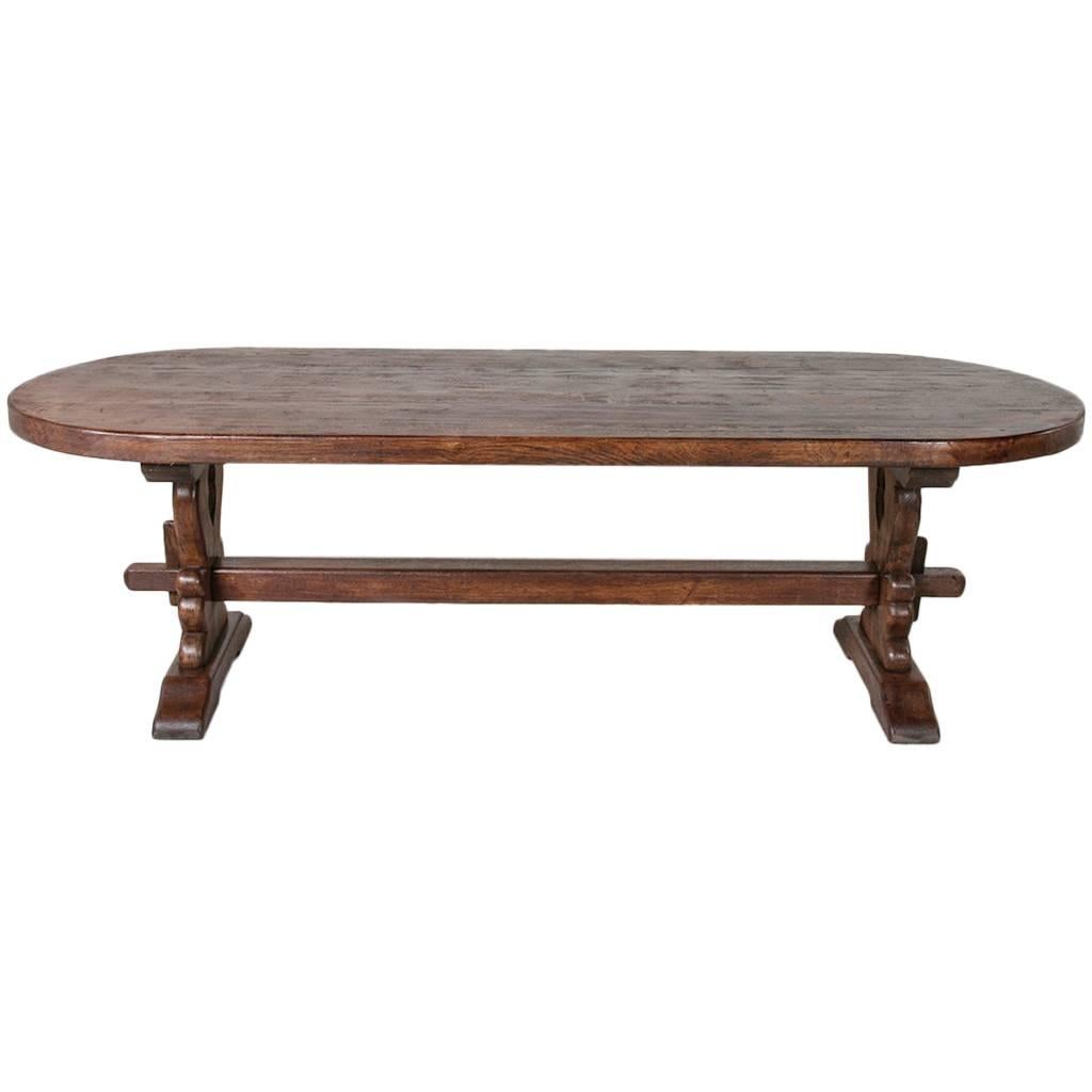 Grand Antique French Handmade Solid Oak Oval Monastery Farm Dining Table