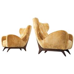 Large Italian Wingback Chairs in Golden-Yellow Upholstery
