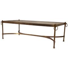 Large Brass and Patinated Mirrored Glass Top Coffee Table, circa 1940, France