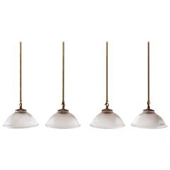 Antique Four Early 20th Century English Holophane Dish Lights with Antiqued Brass Mounts