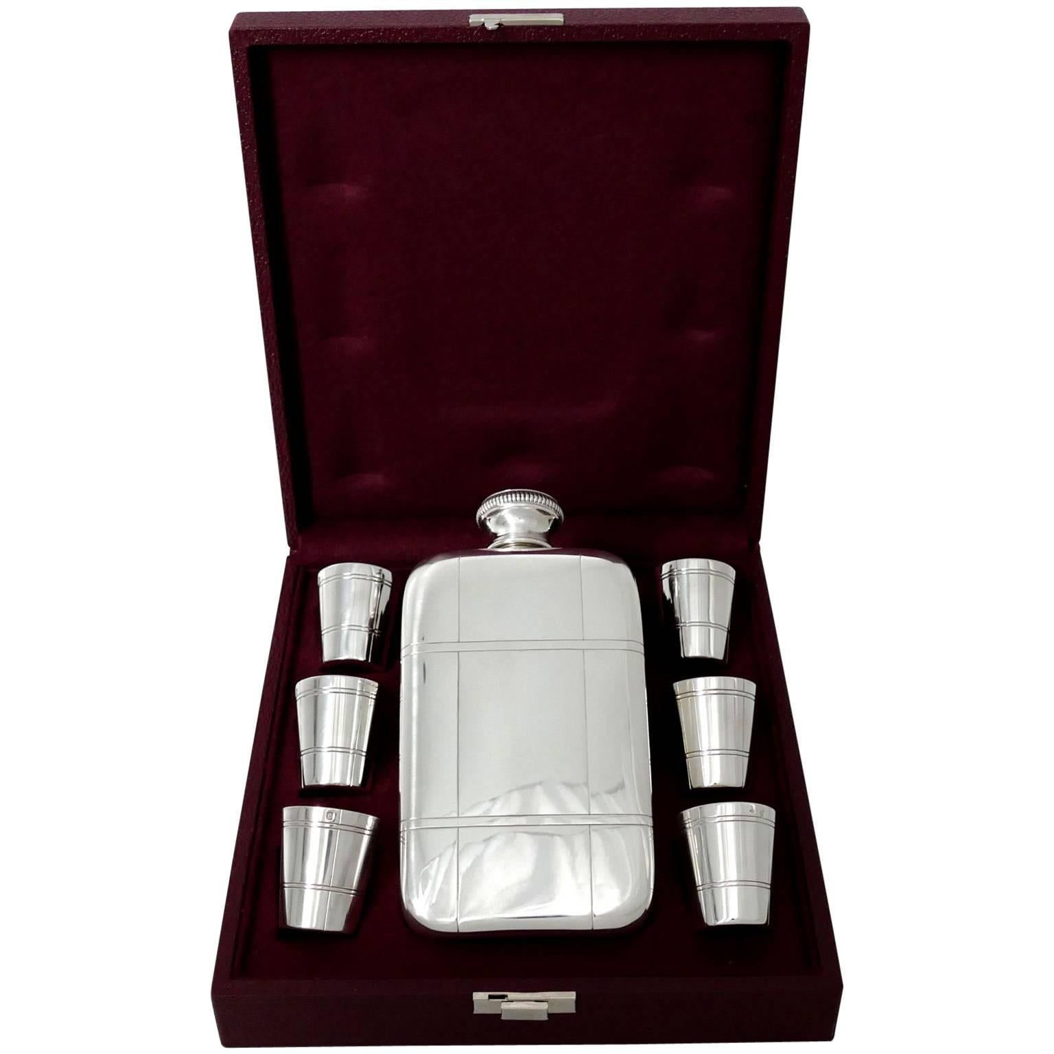 Rare French All Sterling Silver Hip Flask Gift Set with Six Cups, Original Case