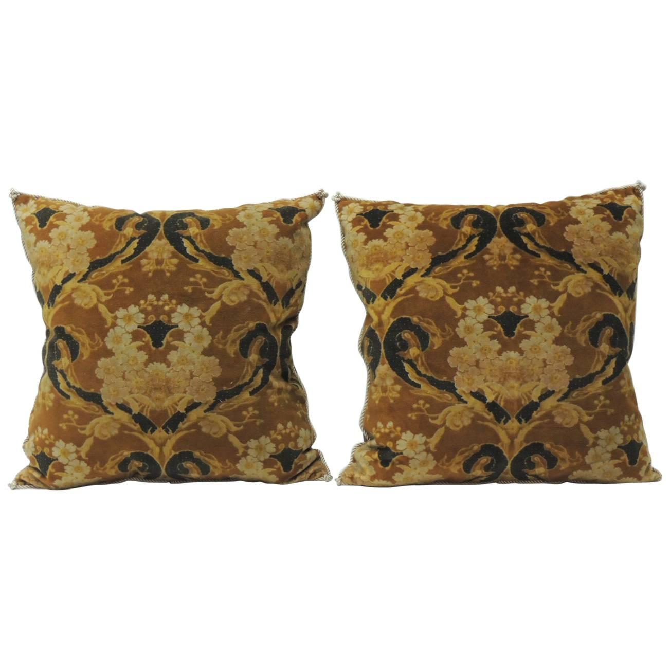 Pair of Vintage Art Noveau Style Cotton Velvet Decorative Pillows