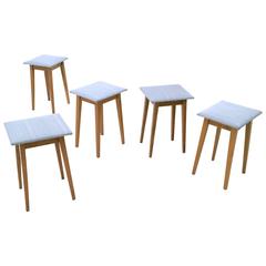 Set of Five Dusty Blue Oak and Fabric Stools, Italy, 1950s