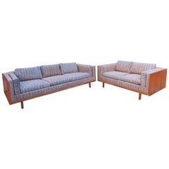 Pair of Milo Baughman Style Walnut Case Loveseat Sectional Mid-Century Modern