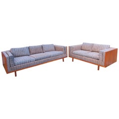 Pair of Milo Baughman Style Walnut Case Loveseat Sectional Mid-Century Modern