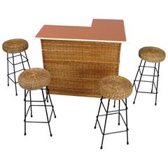 Basketwork Dry Bar with Four Bar Stools from Eastern Germany, 1950s