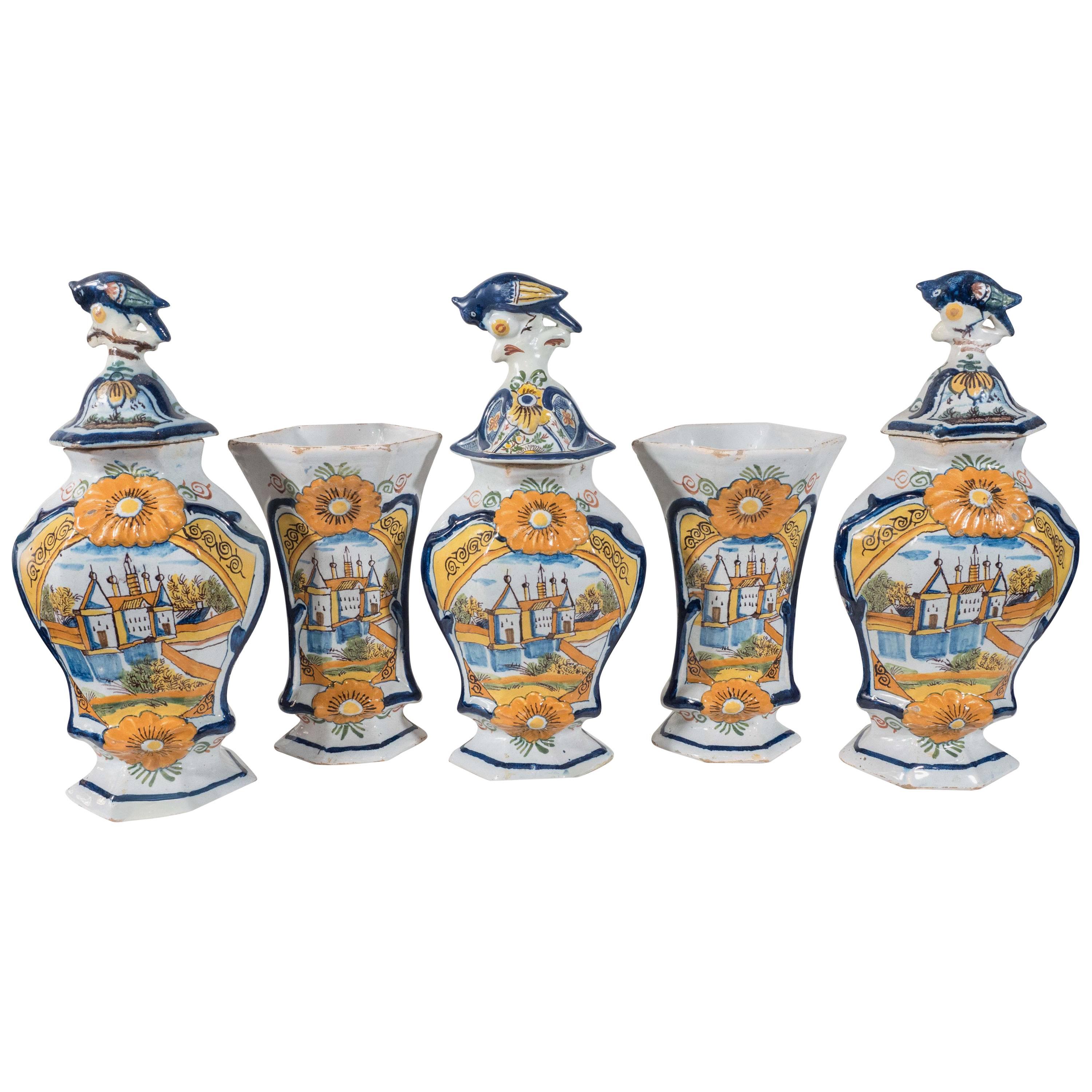 Garniture of Five Delft Vases Painted in Colorful Polychrome IN STOCK