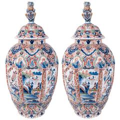 Pair of Delft Ginger Jars with Polychrome Colors