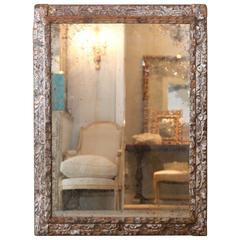 Spanish 18th Century Silver Leaf Carved Wood Frame with Later Mirror