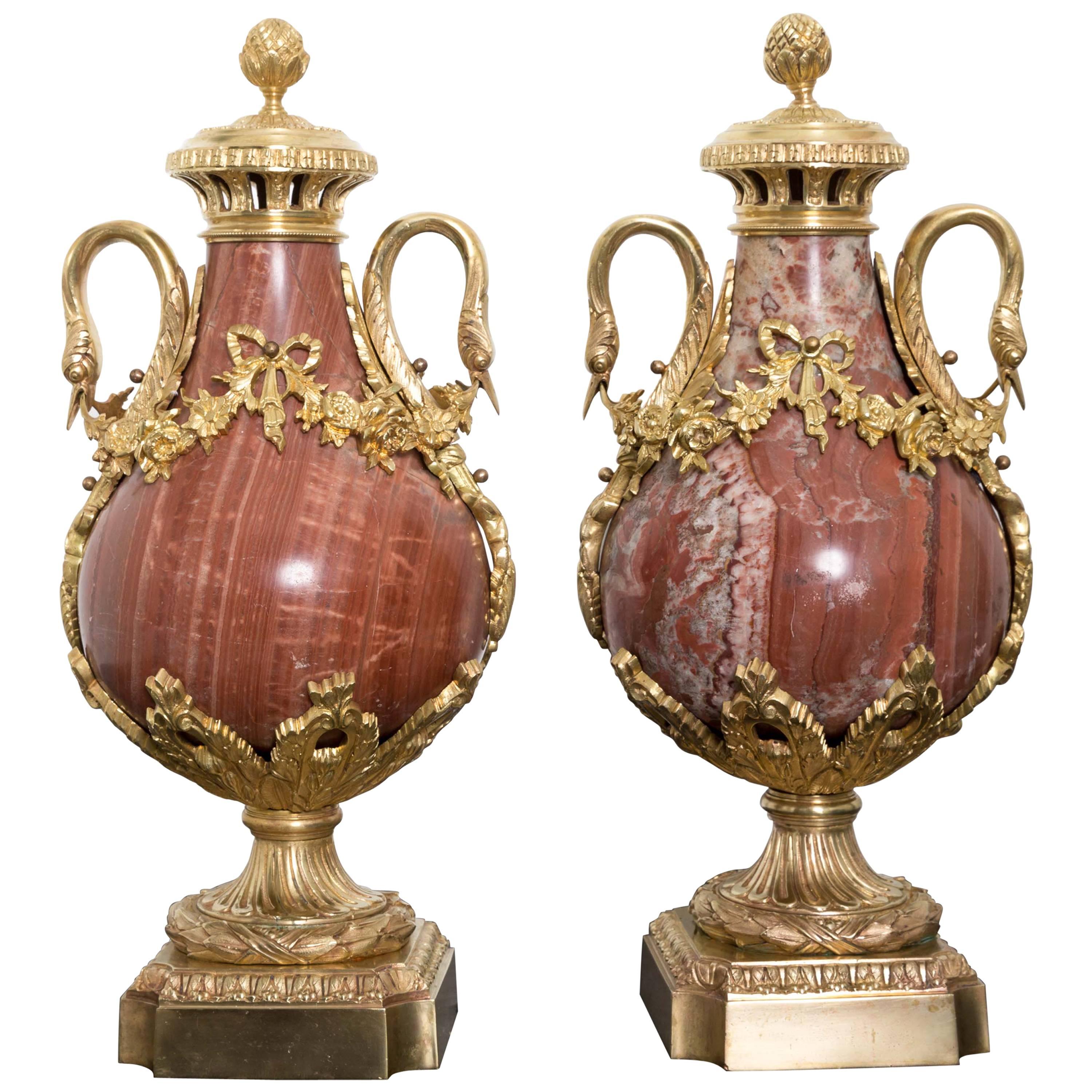 Pair of 19th Century Red Marble and Gilded Bronze Ormolu Mounts Pear Shaped Urns For Sale