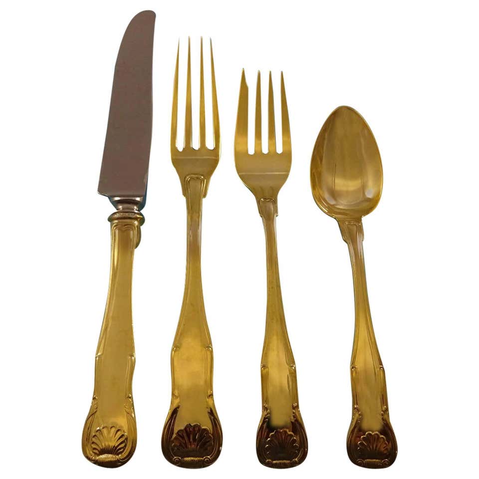 King by Kirk Sterling Silver Flatware Service Eight Set Gold Vermeil ...