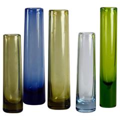 Five Blue and Green Cylindrical Glass Vases, Per Lutken for Holmegaard, Denmark
