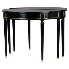 Pair of Ebonized Mahogany Demilune Tables with Brass Detailing