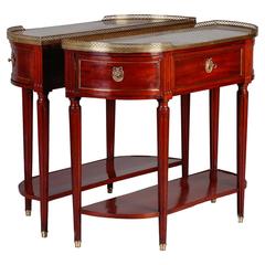 Pair of 19th Century Mahogany Consoles with Marble Tops and Brass Galleries