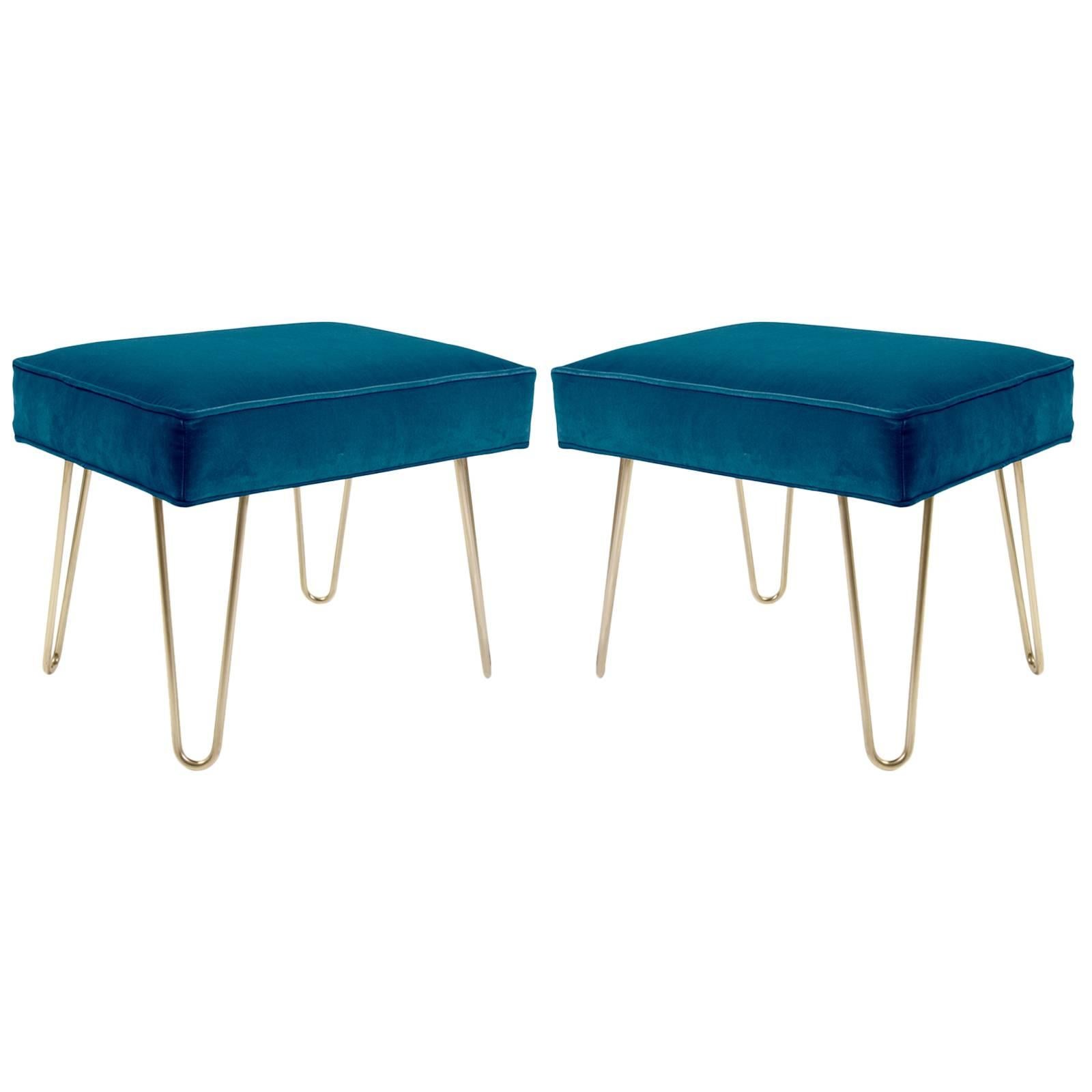 Petite Brass Hairpin Ottomans in Indigo Velvet by Montage For Sale