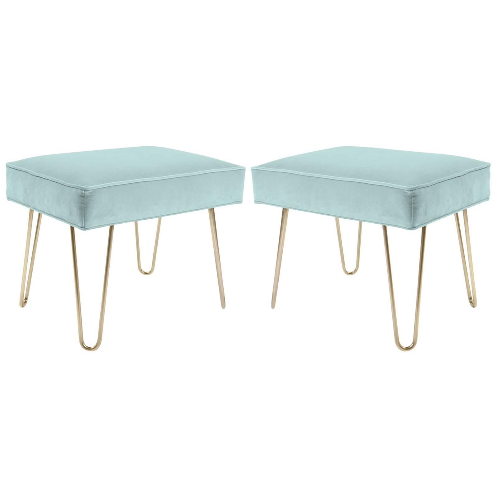 Petite Brass Hairpin Ottomans in Mint Velvet by Montage For Sale