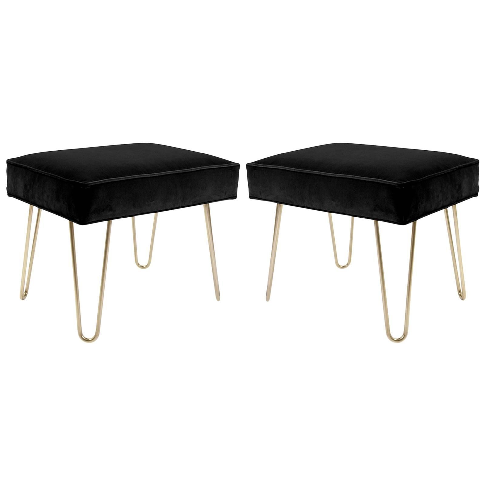 Petite Brass Hairpin Ottomans in Noir Velvet by Montage For Sale