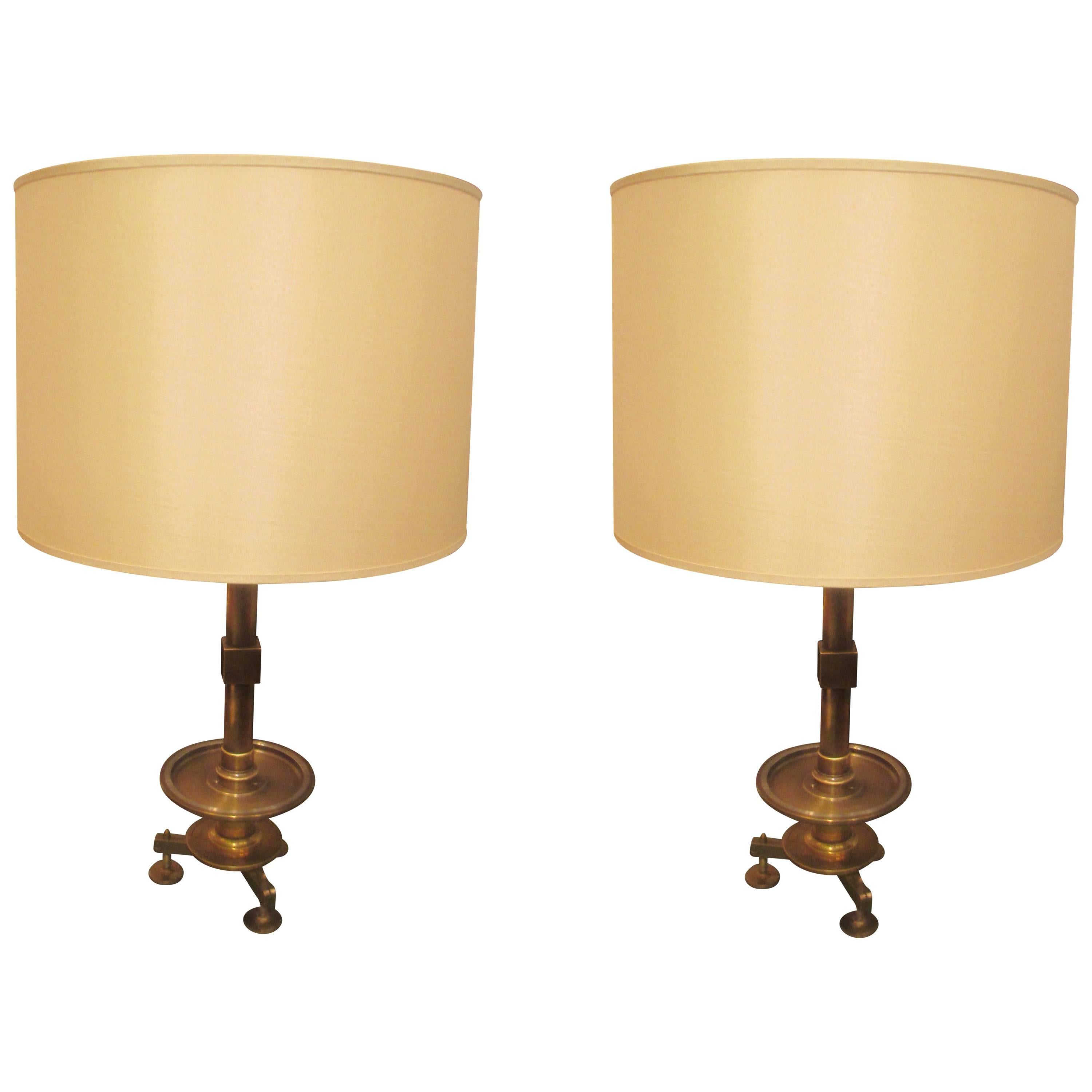 Pair of Modern Sculptural Bronze Lamps with Silk Shades