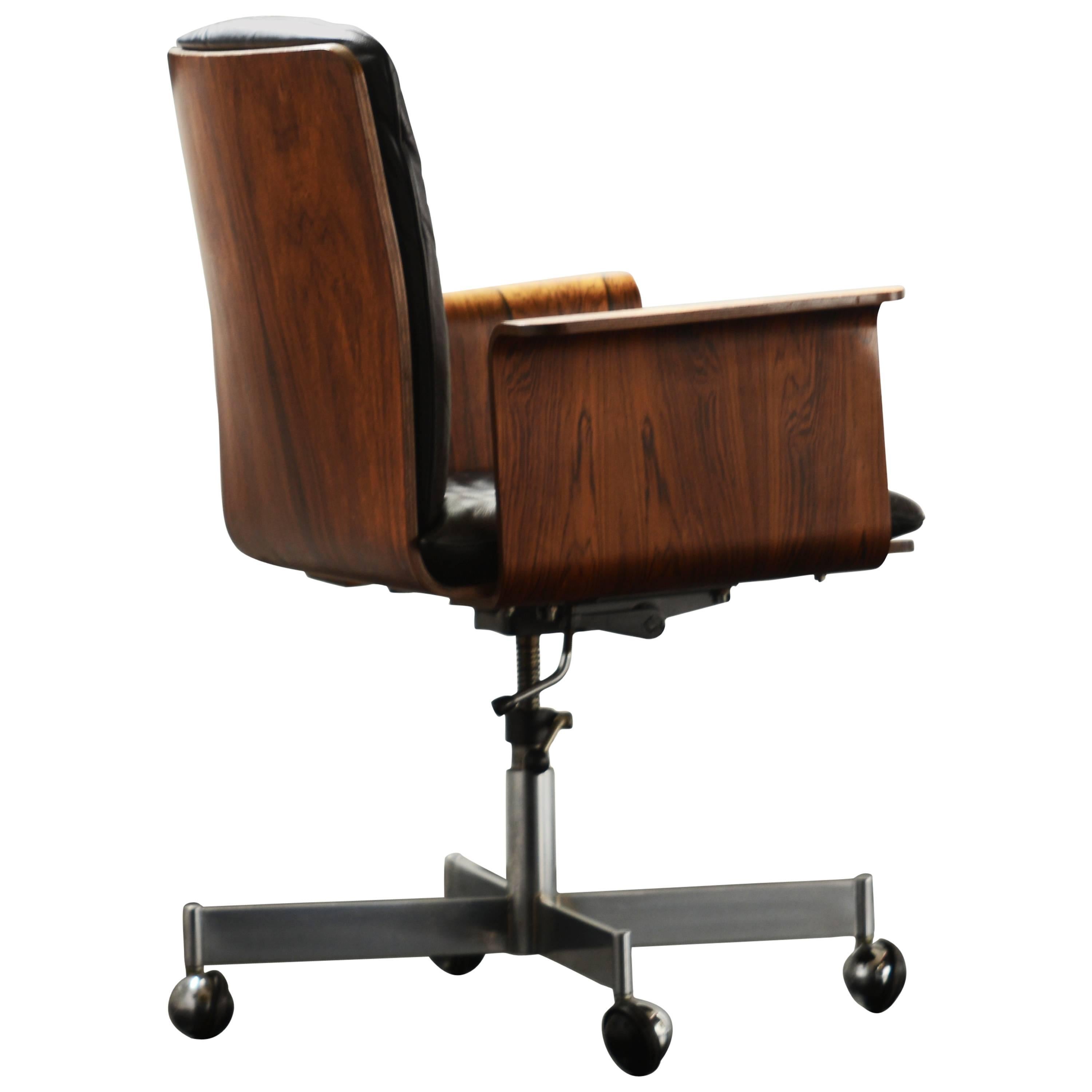 Jorgen Rasmussen Rosewood and Black Leather Desk or Office Chair, Denmark, 1960s