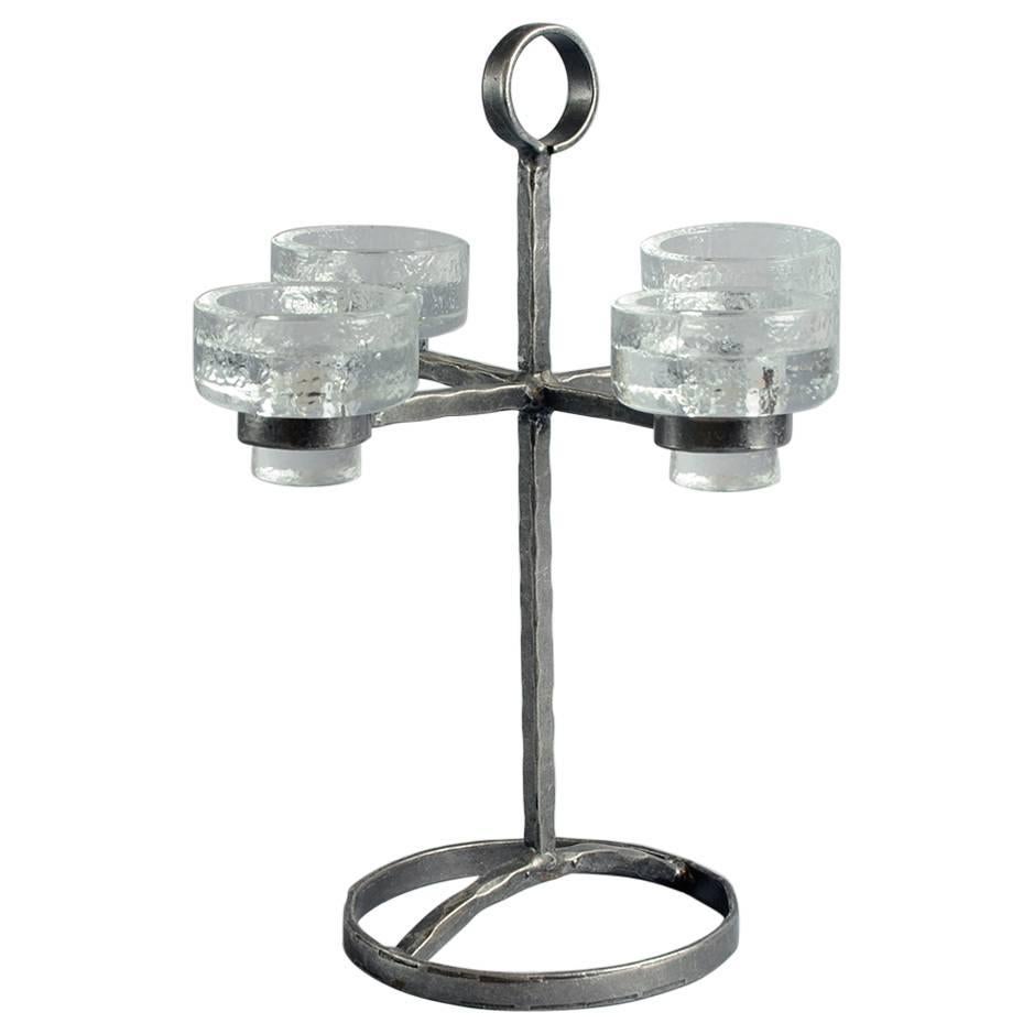 Wrought Iron Candlestick with Glass Candle Holders, Swedish, 1960s For Sale