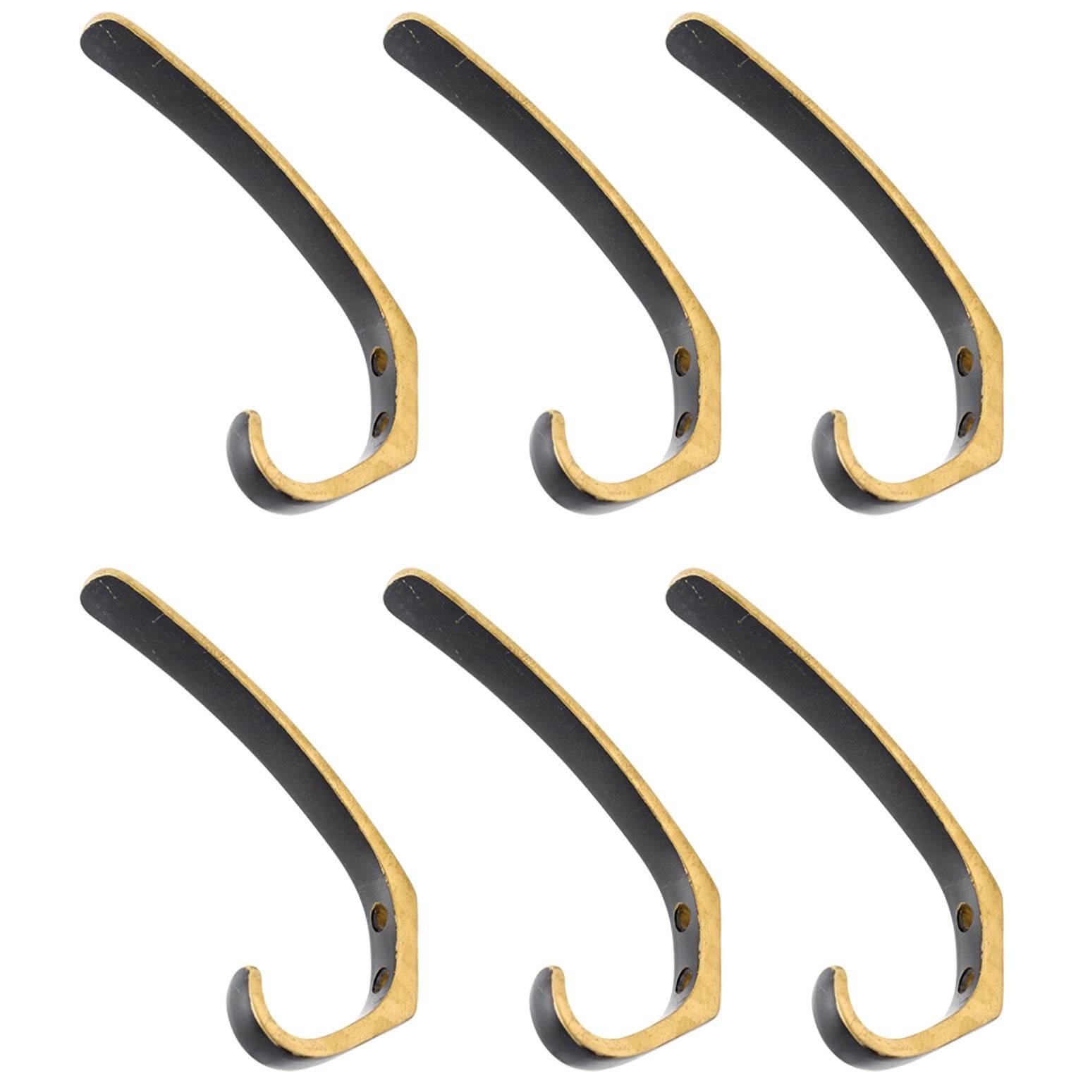 Six Coat Wall Hooks Brass by Hertha Baller, Carl Auböck Style, Austria, 1950s