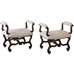Pair of Napoleon III, Louis XVI Style Benches with New French Vintage Linen