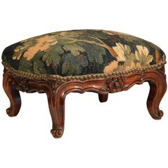 19th Century Louis XV Carved Walnut Footstool with Floral Aubusson Tapestry