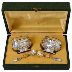 Antique Bezon French Sterling Silver 18K Gold Salt Cellars Pair, Spoons, Box, Regence