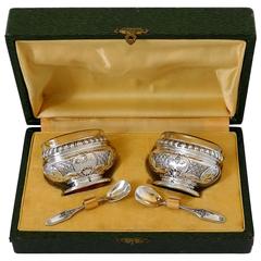 Bezon French Sterling Silver 18K Gold Salt Cellars Pair, Spoons, Box, Regence