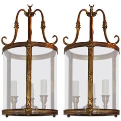 Petite Pair of Gilt Bronze Readed X-Pattern Curved Glass Lanterns Fixtures