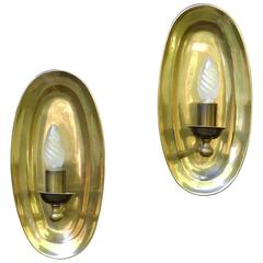 Pair of Heavy Brass Wall Lights, Mid-Century Sconces Oval Candle 