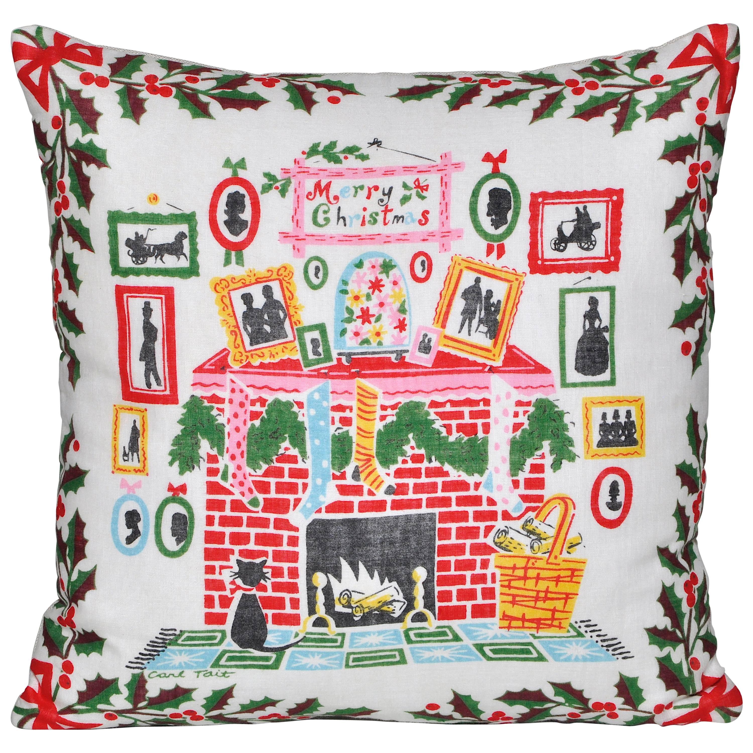 Vintage Carl Tait Designer Christmas Cushion Pillow with Irish Linen