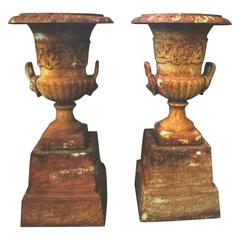 Pair of Cast Iron Urns on Pedestal with Crowned Lion's Head Handles