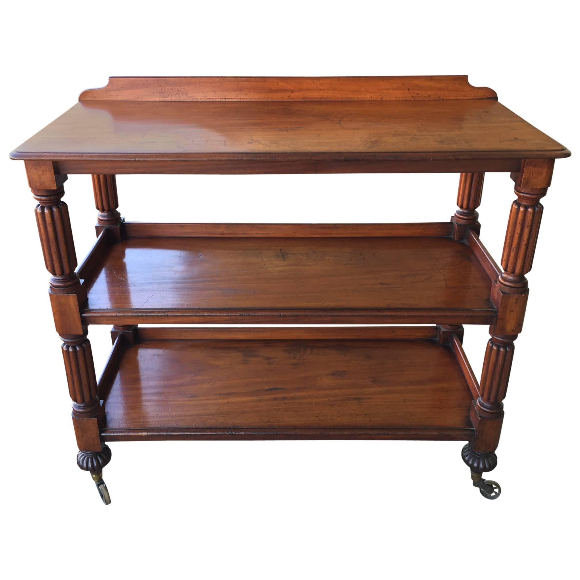 English Etagere, What Not with Fluted Legs on Casters For Sale