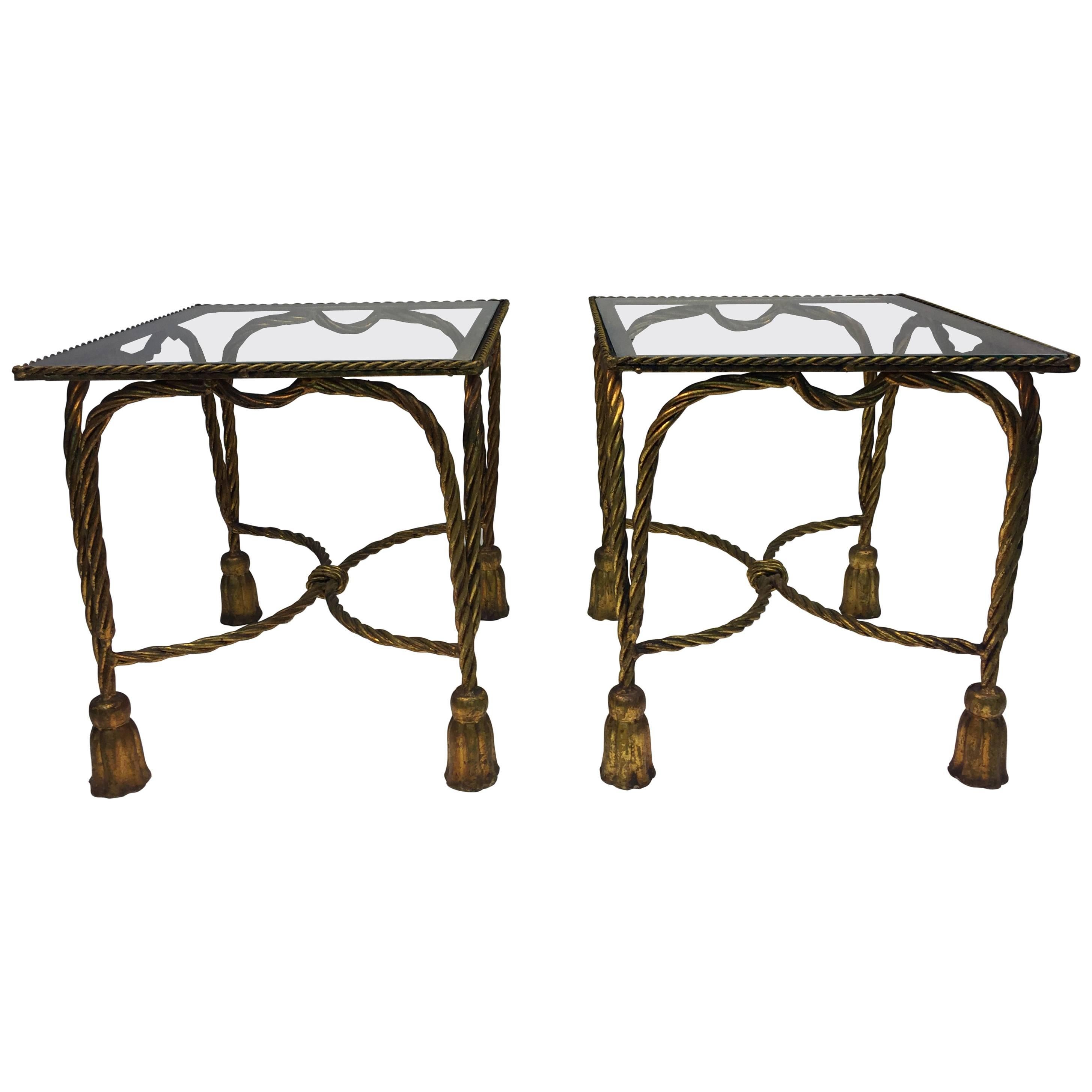 Gorgeous Pair of Italian Gilt Metal Jansen Style Rope & Tassel Motif Side Tables For Sale
