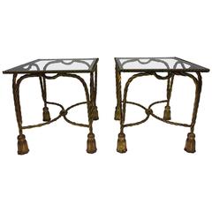Gorgeous Pair of Italian Gilt Metal Jansen Style Rope & Tassel Motif Side Tables