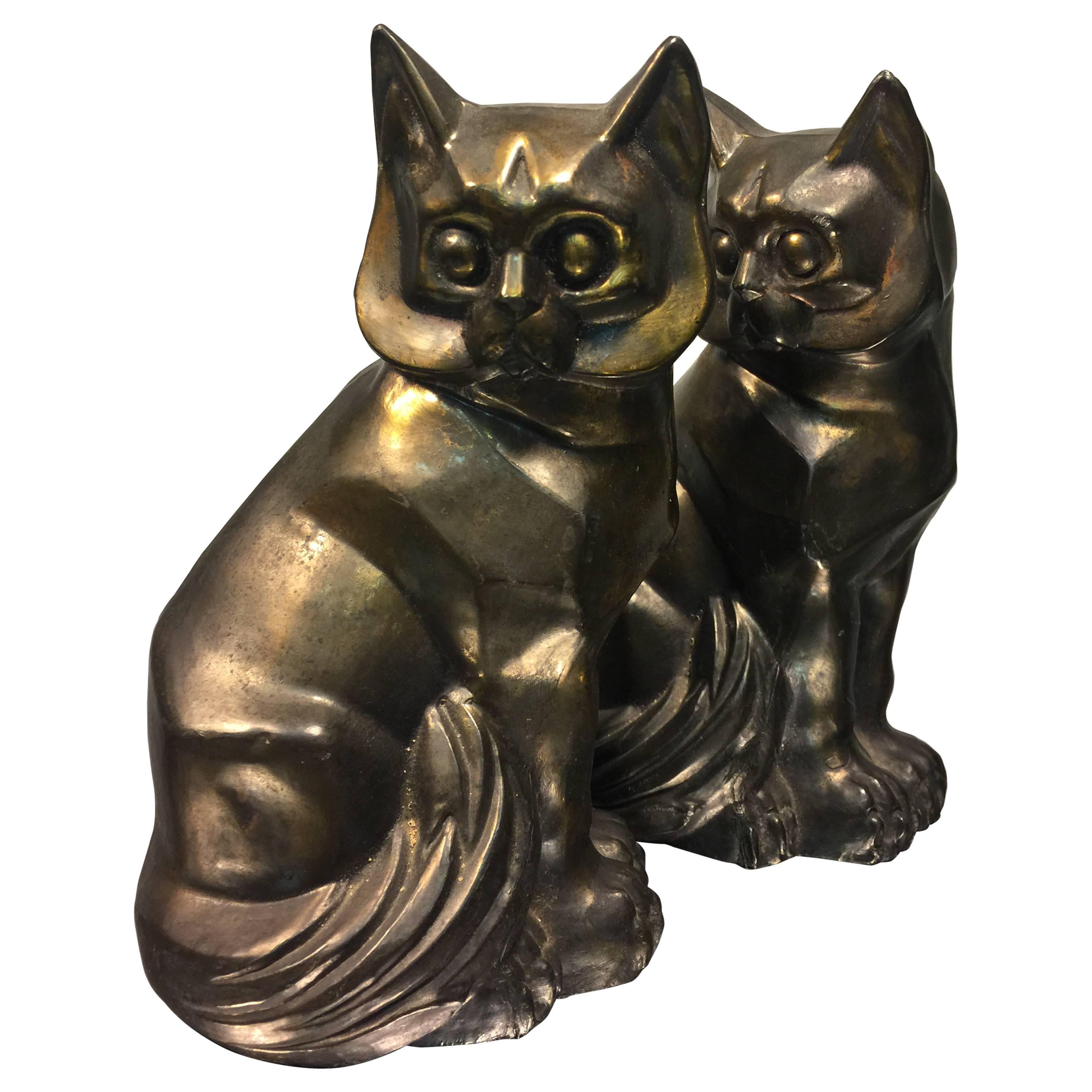 Art Deco Style Pair of Cast Metal Cubist Cat Form Bookends For Sale