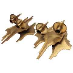 Pair of Exceptional Brutalist Brass Wall Sconce Candle Holder, 1970s, USA
