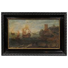 Mid-17th Century Oil on Canvas Seascape of Dutch Sailboats in Black Frame
