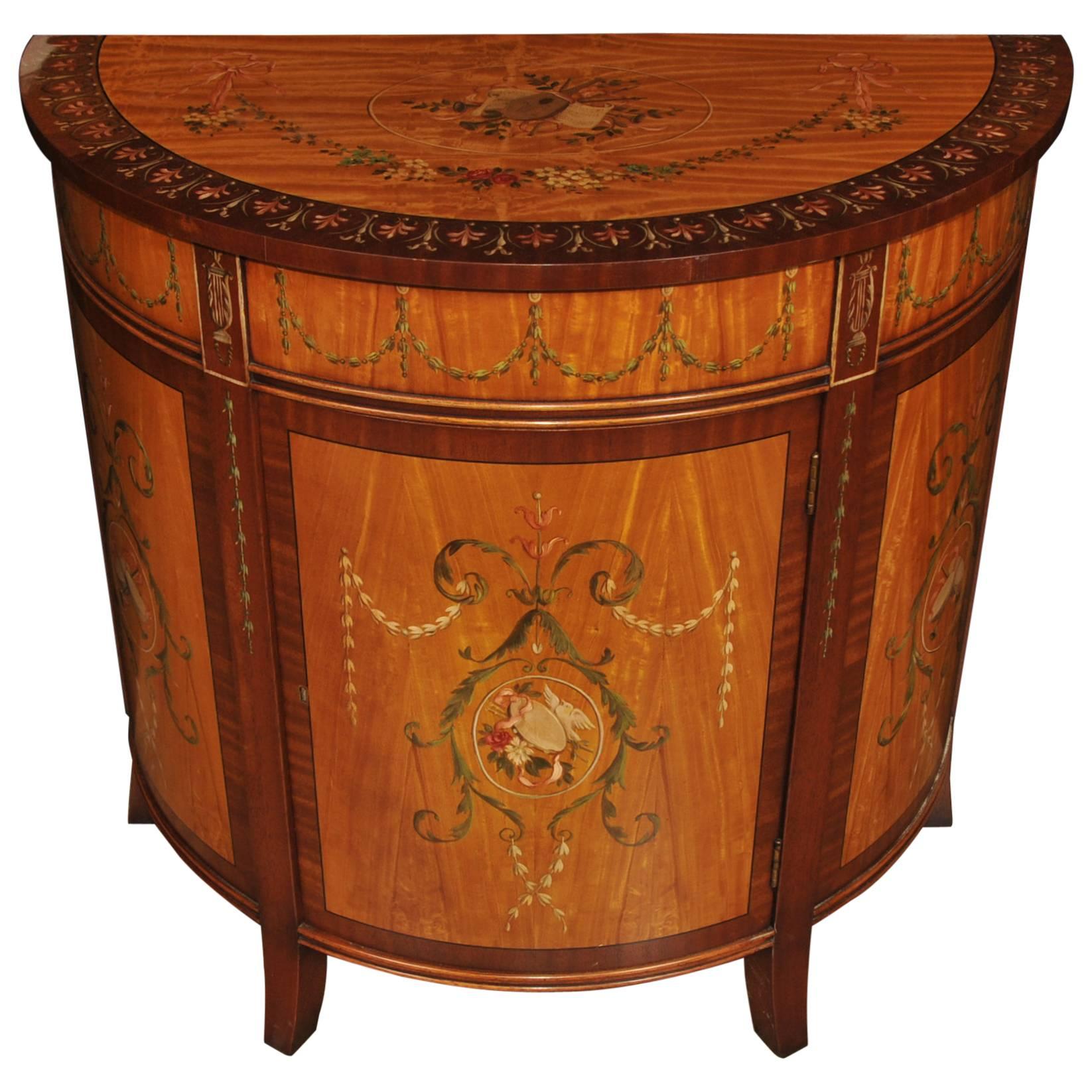 Sheraton Style Painted Demilune Cabinet Regency Satinwood Furniture For Sale