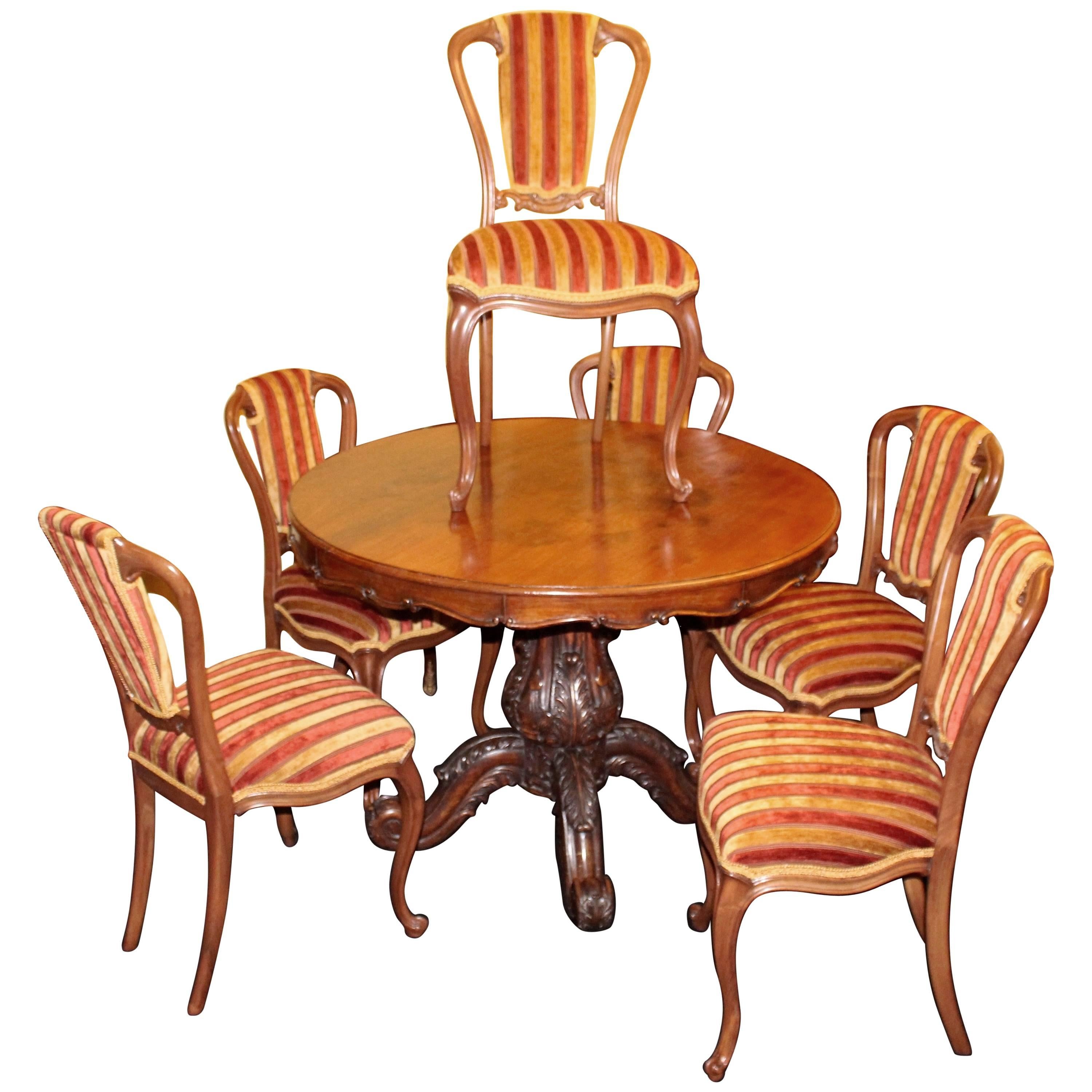 Set of Six 19th Century Walnut Striped Upholstered Dining Chairs