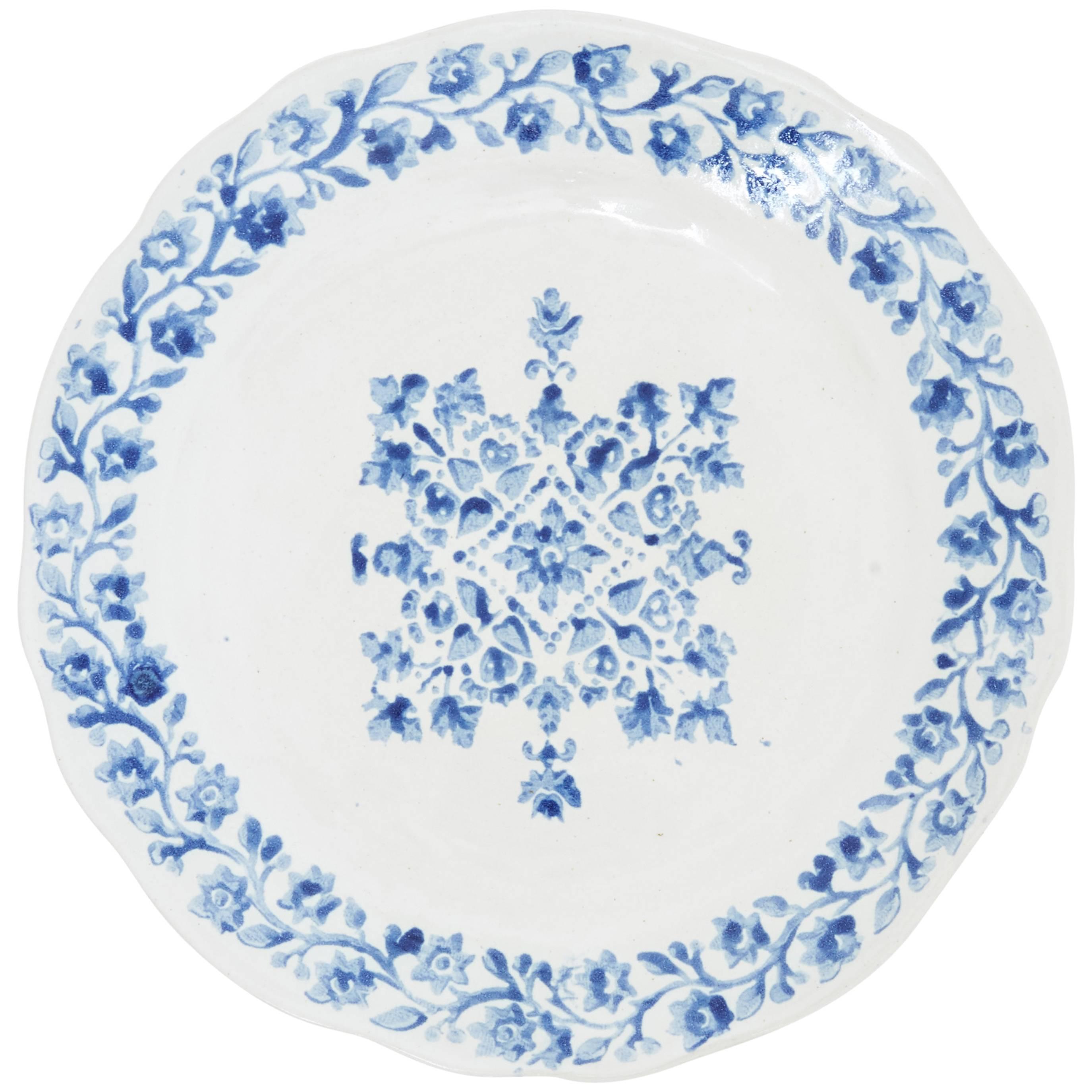 Hand-Printed Blue and White Floral Ceramic Dinner Plates, Set of Four For Sale