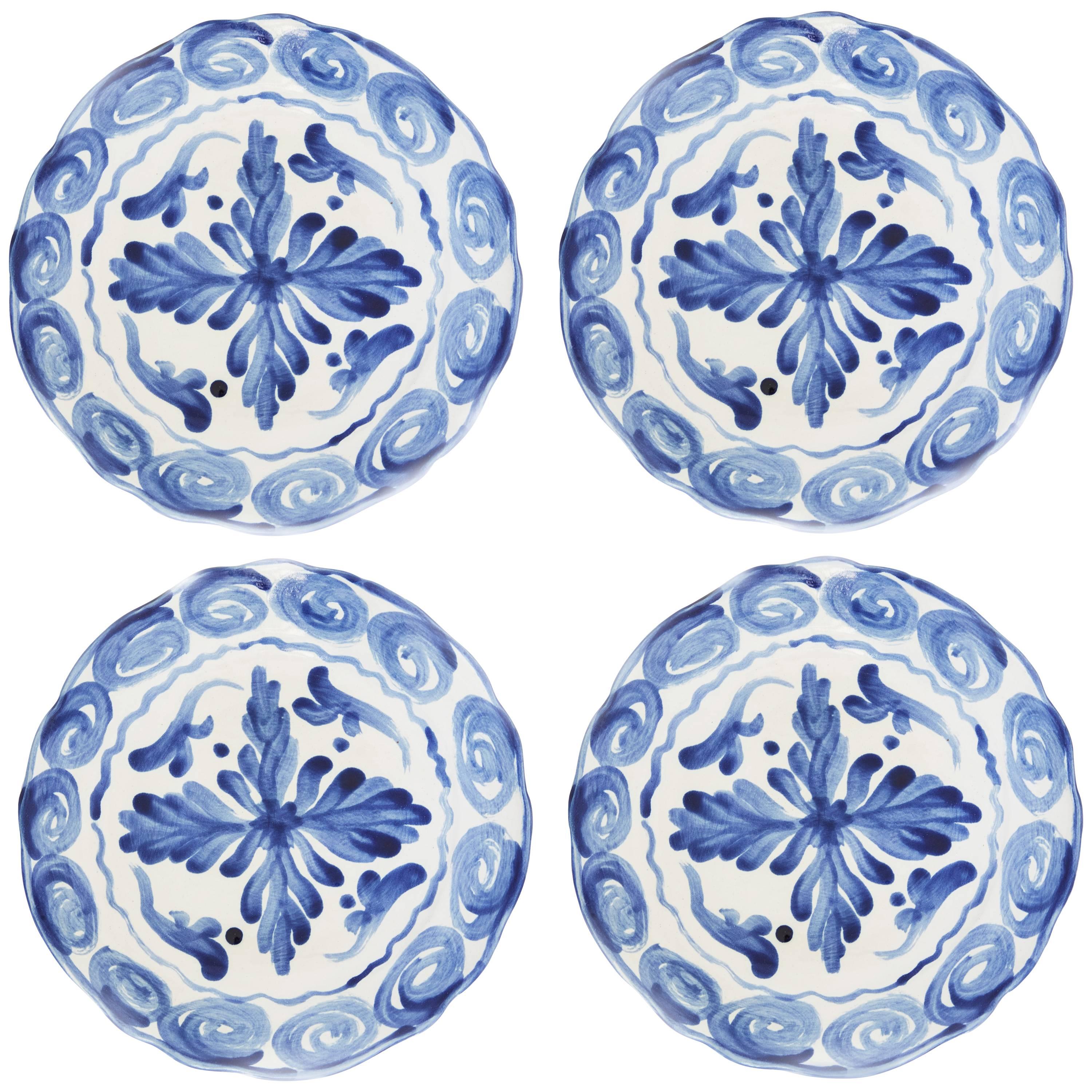 Handprinted Blue and White Mediterranean Dinner Plates, Set of Four For Sale