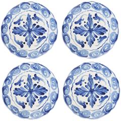Handprinted Blue and White Mediterranean Dinner Plates, Set of Four