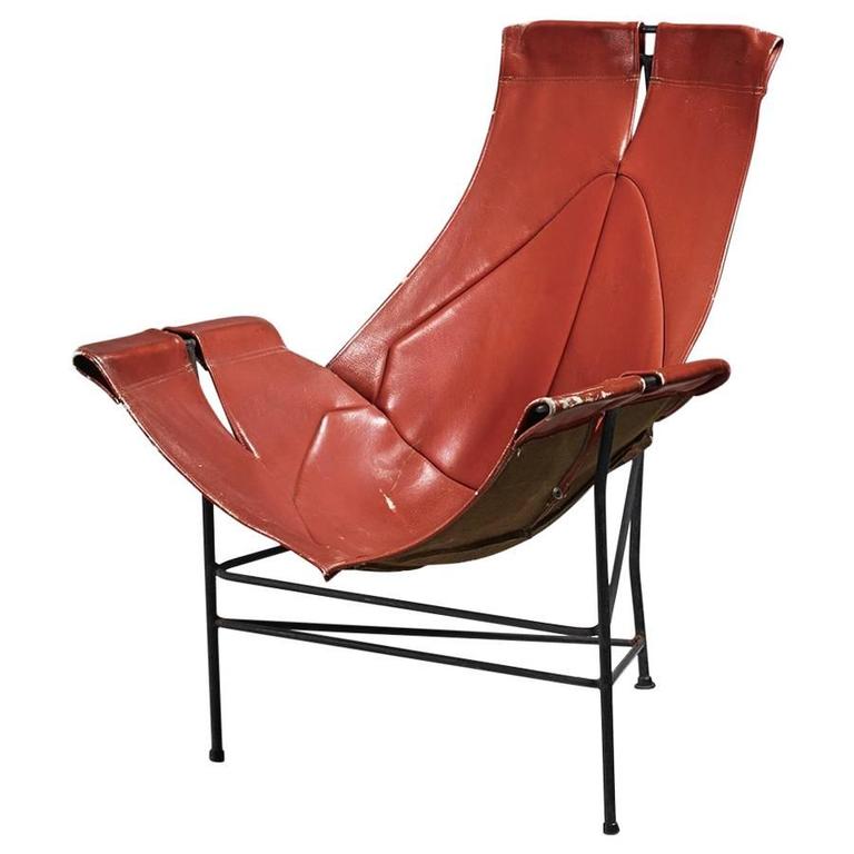 Leathercrafter Sling Chair in Brown Leather on TriLeg Base, USA, 1960s