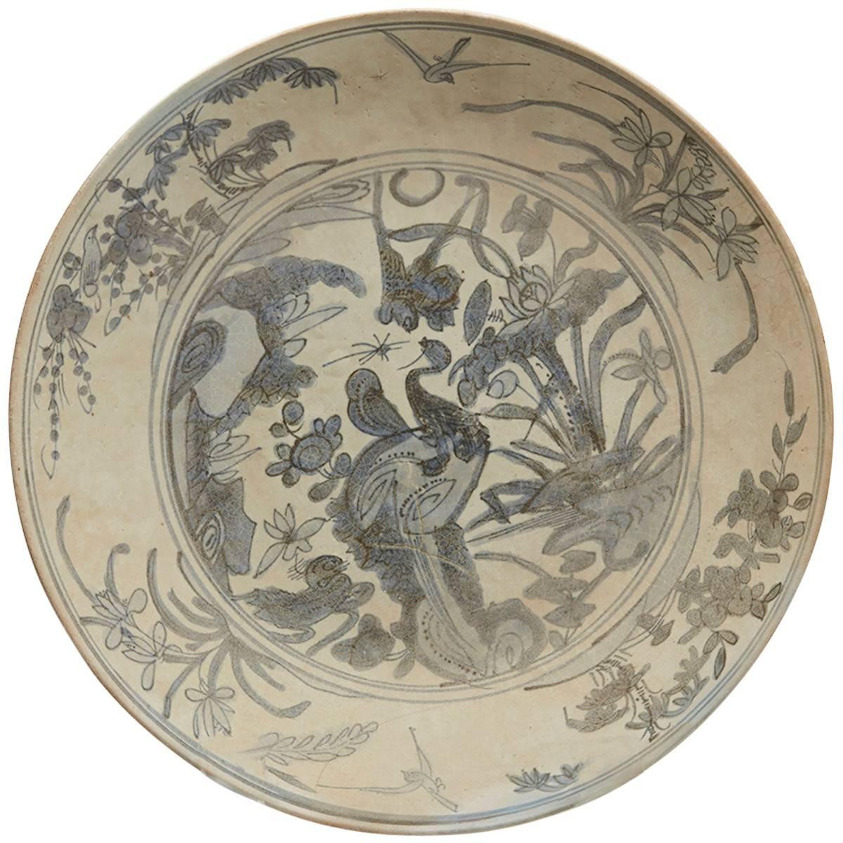 17th Century Large Antique Chinese Shipwreck Blue and White Bird Dish For Sale