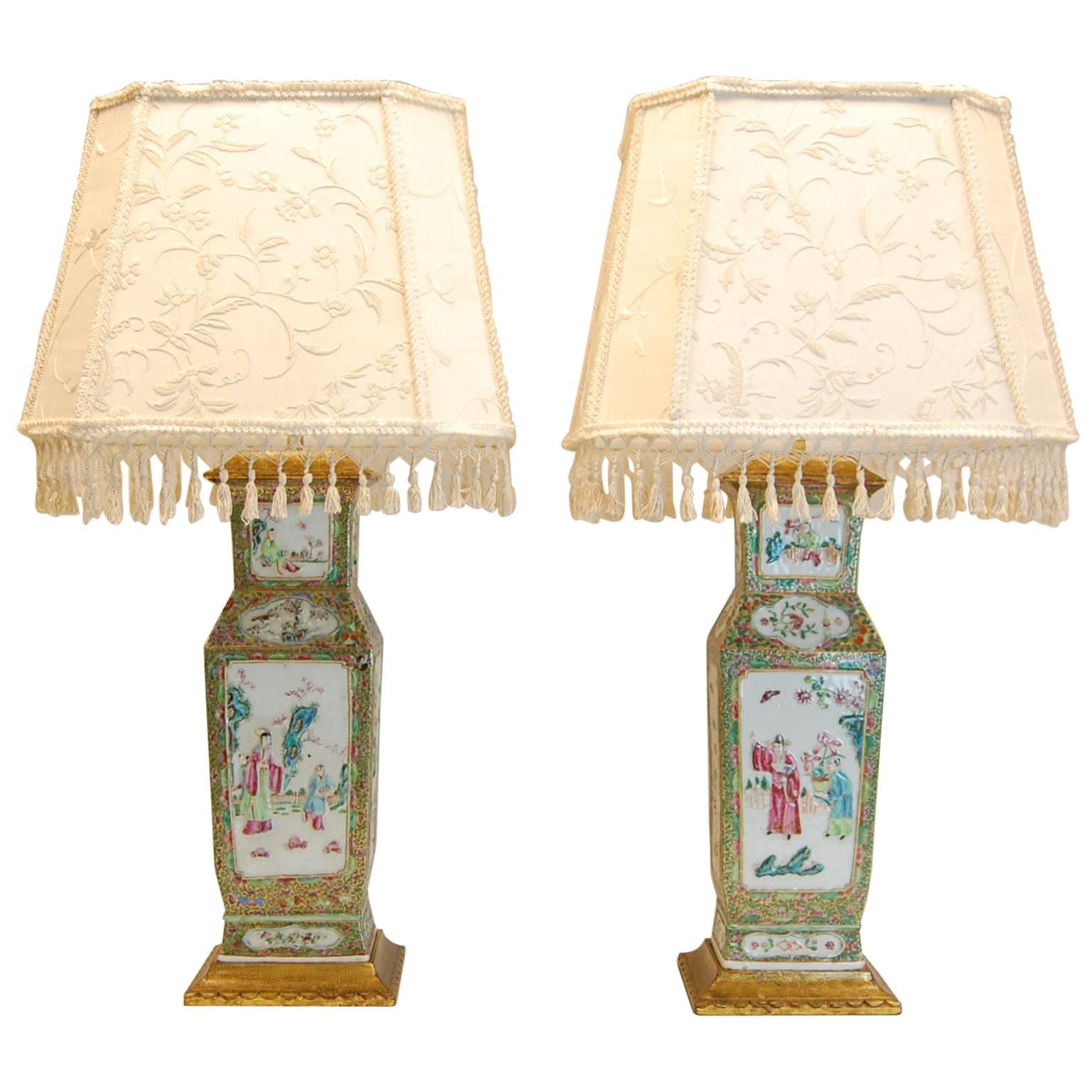 Pair  of 19th Century Chinese Urn Lamps With Custom Silk Shades For Sale